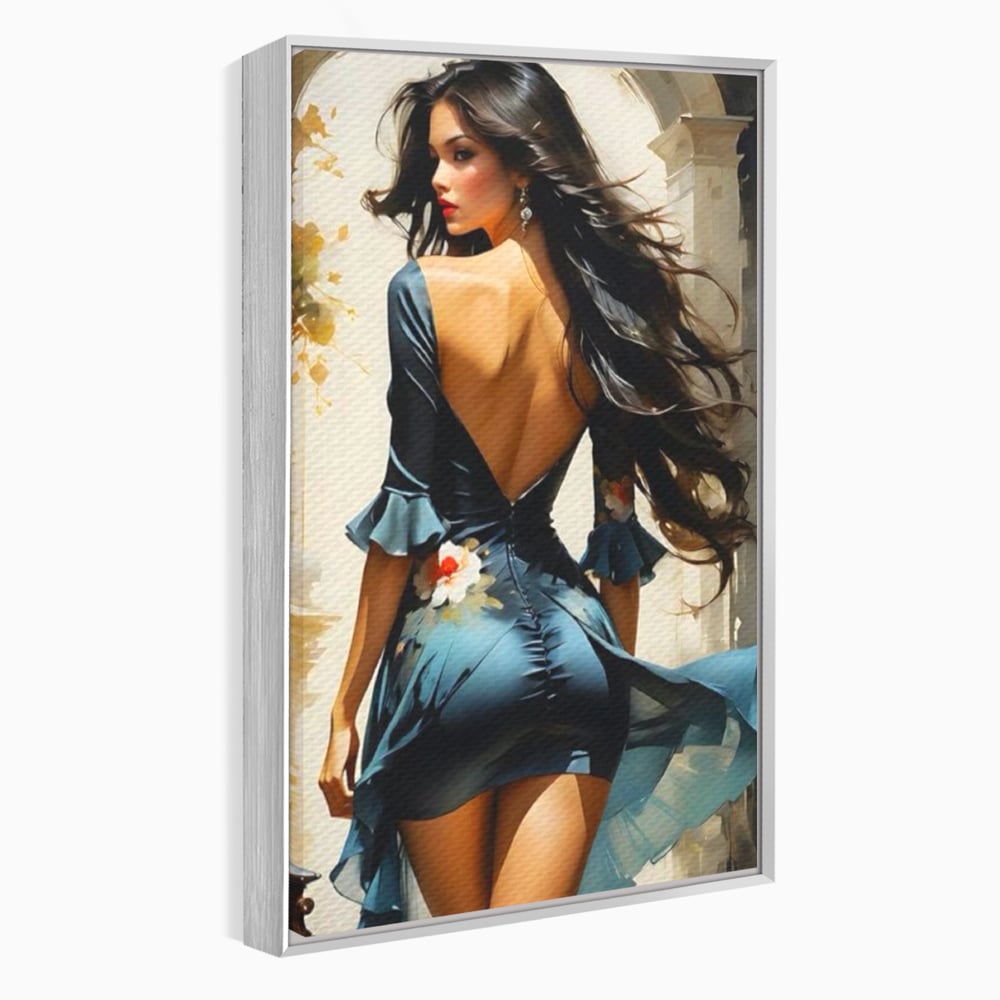 Tablou canvas cu tablou canvas cu femeie in rochie albastra, in rama de aluminiu argintiu